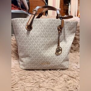 Michael Kors Cream Signature Tote with Brown Leather Trim